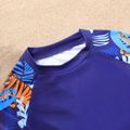 2-piece Kid Boy Floral Leaf Print Short Raglan Sleeve Top and Shorts Swimsuit Set Dark Blue