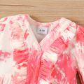 Baby Girl Pink Tie Dye Ribbed V Neck Ruffle Snap Long-sleeve Jumpsuit Pink
