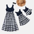 Solid and Plaid Splicing U Neck Tank Dress for Mom and Me Tibetanblue image 1