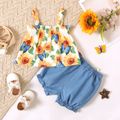 2pcs Baby Girl All Over Sunflower Floral Print Sleeveless Top and Imitation Denim Shorts Set Color block image 2