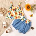 2pcs Baby Girl All Over Sunflower Floral Print Sleeveless Top and Imitation Denim Shorts Set Color block image 1