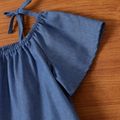 2pcs Baby Girl Imitation Denim Cold Shoulder Short-sleeve Top and Floral Print Shorts Set DENIMBLUE image 4