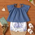 2pcs Baby Girl Imitation Denim Cold Shoulder Short-sleeve Top and Floral Print Shorts Set DENIMBLUE image 1