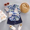 3pcs Toddler Boy Straw Hat and Floral Leaf Print Shirt & Shorts Set Blue