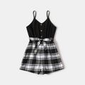 Black and Plaid Splicing Spaghetti Strap Button Belted Romper for Mom and Me BlackandWhite image 2