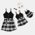 Black and Plaid Splicing Spaghetti Strap Button Belted Romper for Mom and Me BlackandWhite image 1
