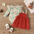 2pcs Baby Girl Floral Print Ruffle Long-sleeve Romper and Corduroy Overall Dress Set Burgundy