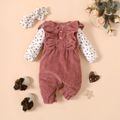 2pcs Baby Floral Print Splicing Long-sleeve Pink Corduroy Ruffle Jumpsuit Set Pink