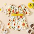 Toddler Girl Floral Print Bell sleeves Belted Romper Yellow