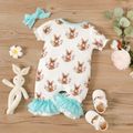 Easter 2pcs Baby Girl Allover Rabbit Print Short-sleeve Ruffle Jumpsuit with Headband Set Turquoise