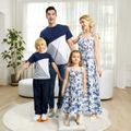 Family Matching Blue Floral Print Sleeveless Shirred Dresses and Colorblock Short-sleeve T-shirts Sets Dark Blue/white