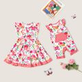 Sibling Matching All Over Butterfly and Floral Print Ruffle Flutter-sleeve Dress and Romper Set Pink image 1