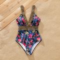 Family Matching All Over Floral Print Swim Trunks Shorts and Golden Webbing Sleeveless One-Piece Swimsuit Black image 3