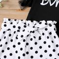 2-piece Kid Girl Letter Print Mesh Flutter-sleeve Black Tee and Belted Polka dots Shorts Set White