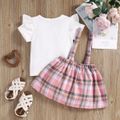 2-piece Toddler Girl Ruffled Short-sleeve White Tee and Bowknot Design Plaid Suspender Skirt Set Light Pink