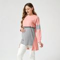 Maternity Color Block High Low Hem Round Neck Long-sleeve Pullover Mauve Pink