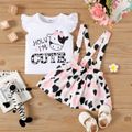 2pcs Baby Girl Letter and Cartoon Cow Print Flutter-sleeve Tee with Suspender Skirt Set ColorBlock