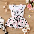 2pcs Baby Girl Letter and Cartoon Cow Print Flutter-sleeve Tee with Suspender Skirt Set ColorBlock