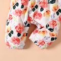 100% Cotton 2pcs Baby Girl Pom Pom Decor Cape Collar Long-sleeve Splicing Floral Print Jumpsuit with Headband Set Pink