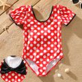 Kid Girl Polka dots Bowknot Design Backless Short-sleeve Vacation Onepiece Swimsuit Red