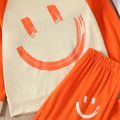 2-piece Kid Girl Smile Emojis Print Colorblock Raglan Sleeve Hoodie Sweatshirt and Orange Pants Set ColorBlock