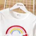 Kid Girl Rainbow Embroidered Pompom Design Long-sleeve Tee White
