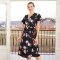 All Over Floral Print Black V Neck Short Ruffle Sleeve Belted Wrap Dress for Mom and Me Colorful