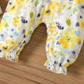 2pcs Baby Girl Button Up Denim Splicing Floral Print Long-sleeve Jumpsuit with Headband Set Blue