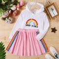 2-piece Kid Girl Unicorn Rainbow Letter Print White Hoodie Sweatshirt and Elasticized Skirt Set PinkyWhite