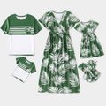 Family Matching All Over Palm Leaf Print Green V Neck Ruffle-sleeve Dresses and Striped Splicing Short-sleeve T-shirts Sets Dark Green