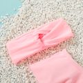 3pcs Toddler Girl Solid Top and Leaf Allover Shorts with Headband Swimsuit Set pink