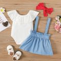 3pcs Baby Girl Solid Ruffle Collar Sleeveless Romper and 100% Cotton Imitation Denim Suspender Skirt with Headband Set White