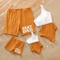 Family Matching Letter Print Ribbed Swim Trunks Shorts and One Shoulder Hollow Out Splicing One-Piece Swimsuit ColorBlock