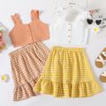 2-piece Kid Girl Ruffled Button Design Camisole and Plaid Elasticized Skirt Set Yellow