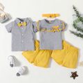 100% Cotton 3pcs Ruffle and Bow Decor or Bow Tie Lapel Collar Short-sleeve Grey Top and Solid Yellow Shorts Baby Set Pale Yellow image 2