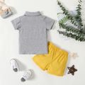100% Cotton 3pcs Ruffle and Bow Decor or Bow Tie Lapel Collar Short-sleeve Grey Top and Solid Yellow Shorts Baby Set Pale Yellow image 3