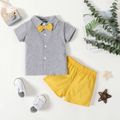 100% Cotton 3pcs Ruffle and Bow Decor or Bow Tie Lapel Collar Short-sleeve Grey Top and Solid Yellow Shorts Baby Set Pale Yellow image 1
