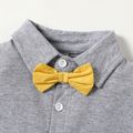 100% Cotton 3pcs Ruffle and Bow Decor or Bow Tie Lapel Collar Short-sleeve Grey Top and Solid Yellow Shorts Baby Set Pale Yellow image 4