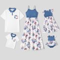 Family Matching Imitation Denim Spaghetti Strap Splicing Floral Print Dresses and Short-sleeve Polo Shirts Sets DENIMBLUE image 1