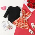 Valentine's Day 2pcs Baby Girl Letter Design Long-sleeve Ribbed Romper and Love Heart Print Ruffle Suspender Skirt Set Black
