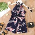Kid Girl Floral Print Ruffled Cuff Belted Halter Rompers Jumpsuits Shorts Royal Blue