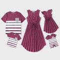 Family Matching Solid V Neck Sleeveless Button Up Drawstring Dresses and Striped Colorblock Short-sleeve T-shirts Sets deeppurple