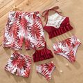 Family Matching All Over Leaves Print Swim Trunks Shorts and Spaghetti Strap Ruffle Two-Piece Swimsuit Burgundy