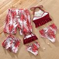 Family Matching All Over Leaves Print Swim Trunks Shorts and Spaghetti Strap Ruffle Two-Piece Swimsuit Burgundy