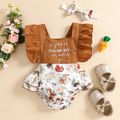 2pcs Baby Girl Letter Embroidered Brown Splicing Animal Print Layered Ruffle Romper with Headband Set Brown