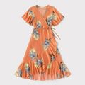 Family Matching Allover Floral Print Coral V Neck Ruffle-sleeve Wrap Dresses and Colorblock Short-sleeve Cotton T-shirts Sets Coral image 2