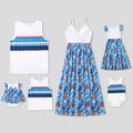 Family Matching Solid V Neck Spaghetti Strap Splicing Plant Print  Dresses and 100% Cotton Sleeveless Tank Tops Sets White
