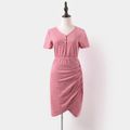 Hot Pink V Neck Short-sleeve Slim-fit Dress for Mom and Me Hot Pink