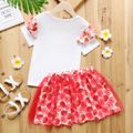 2-piece Kid Girl Letter Print Ruffled Short-sleeve White Tee and Strawberry Print Mesh Design Skirt Set PinkyWhite
