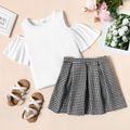 2-piece Kid Girl Cold Shoulder Short-sleeve White Tee and Houndstooth Skirt Set BlackandWhite